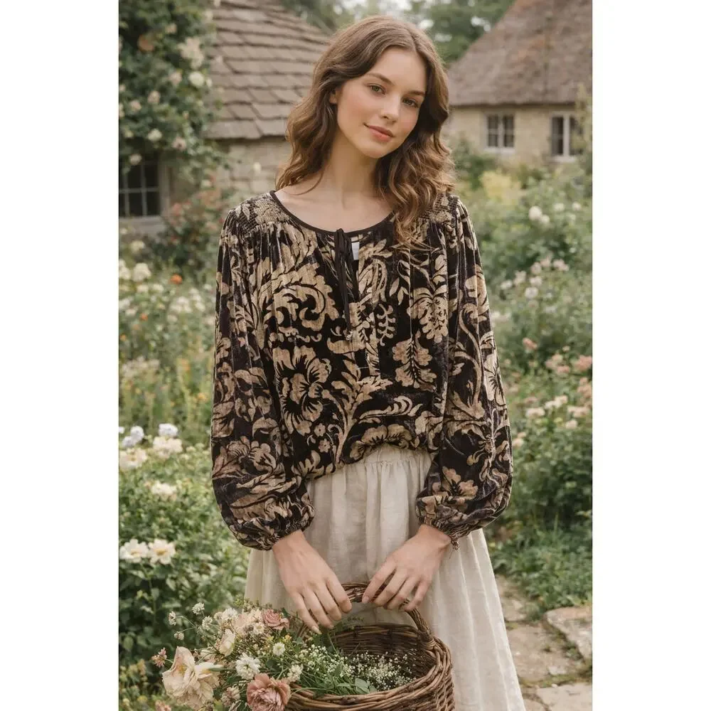 Anthropologie Faustine Velvet Floral Peasant Blouse L Boho Smocked Top